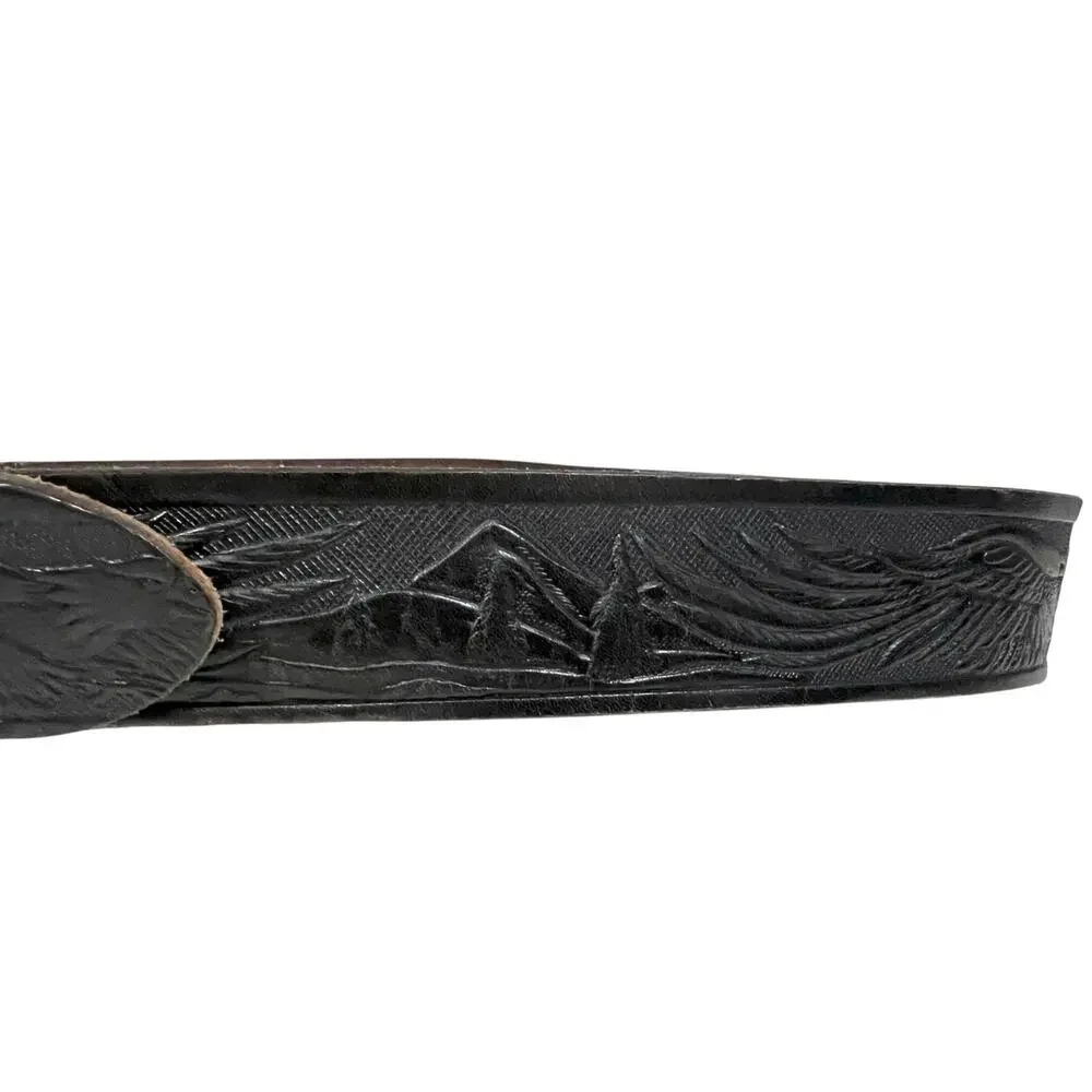 Vintage HAND TOOLED Belt WESTERN Eagle Black Leather Made In U.S.A Men’s 44